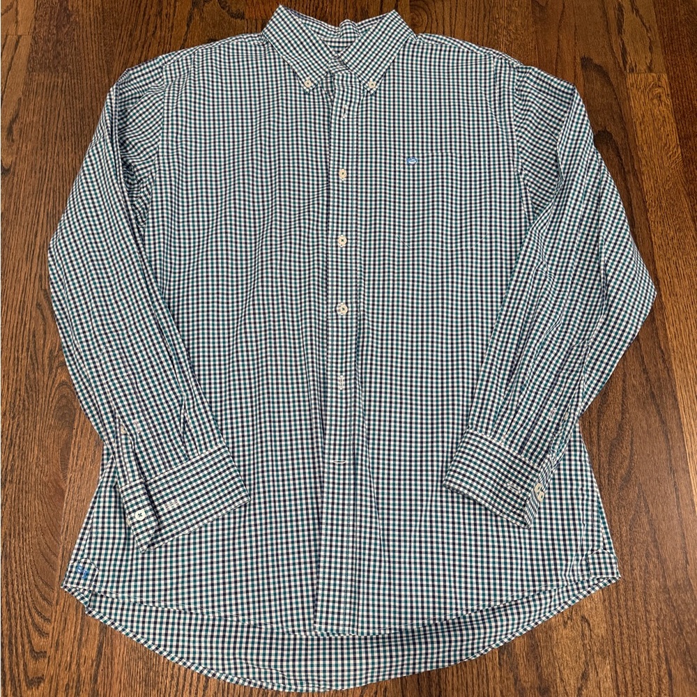 Southern Tide Blue, Green and White Checkered Shirt